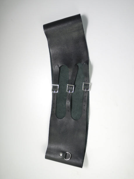 Original Maison Margiela wide black leather belt with matte finish and rectangular silver buckles, deconstructed avant-garde aesthetic, photographed on white background.

