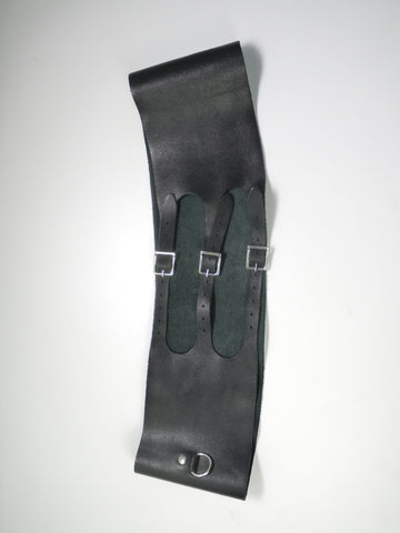 Original Maison Margiela wide black leather belt with matte finish and rectangular silver buckles, deconstructed avant-garde aesthetic, photographed on white background.

