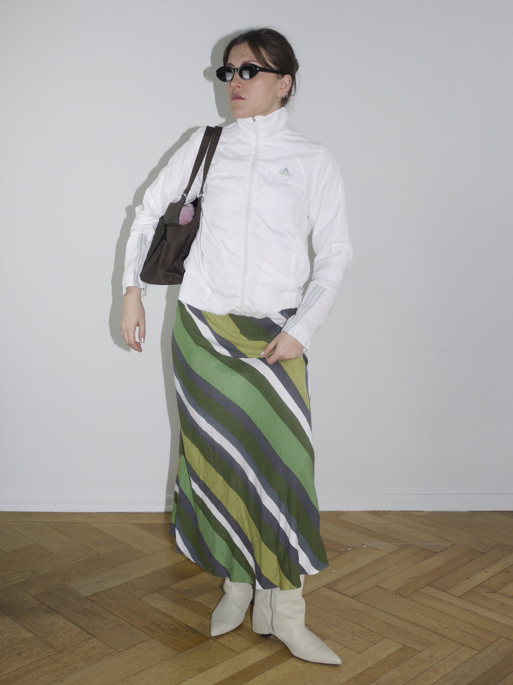 Vintage midi skirt in green, navy, and cream abstract stripes — flowy silhouette with elastic waistband, perfect for spring. Inspired by Paloma Wool and Dries Van Noten aesthetics.