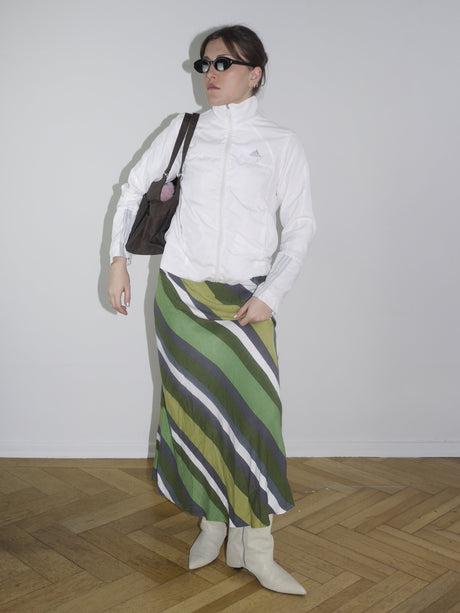 Vintage midi skirt in green, navy, and cream abstract stripes — flowy silhouette with elastic waistband, perfect for spring. Inspired by Paloma Wool and Dries Van Noten aesthetics.