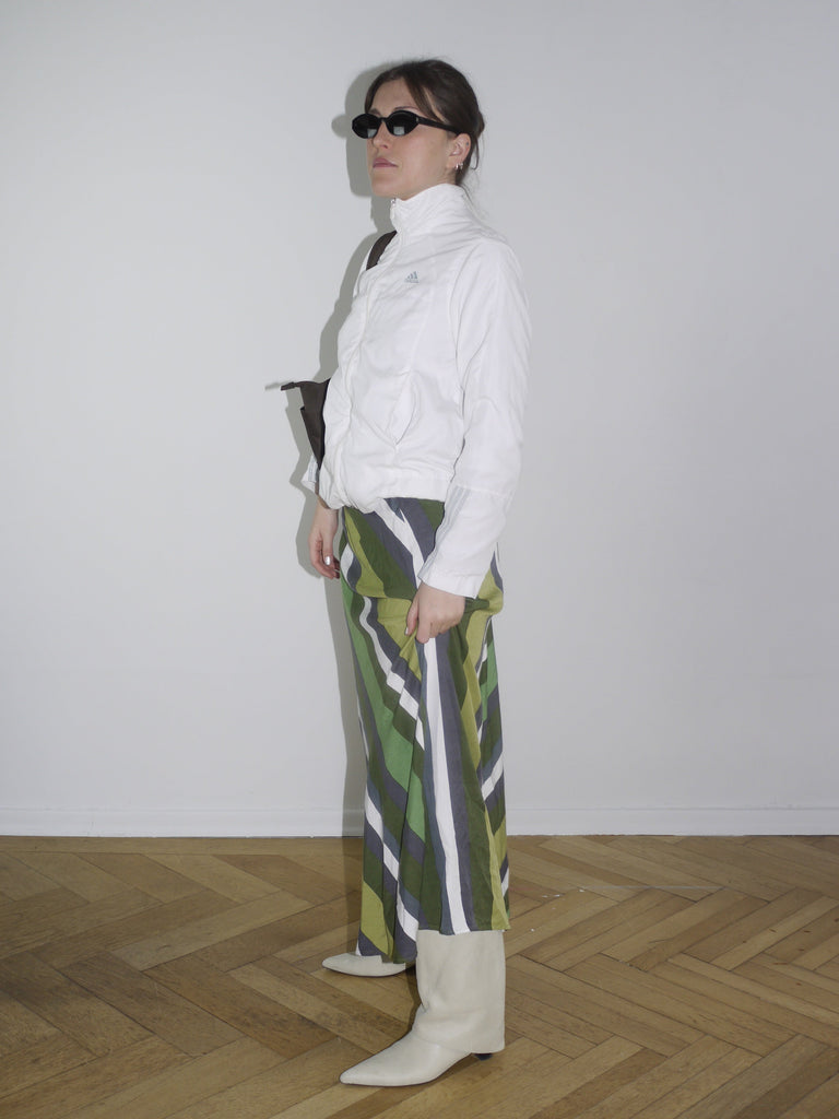 Vintage midi skirt in green, navy, and cream abstract stripes — flowy silhouette with elastic waistband, perfect for spring. Inspired by Paloma Wool and Dries Van Noten aesthetics.
