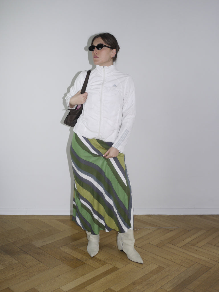 Vintage midi skirt in green, navy, and cream abstract stripes — flowy silhouette with elastic waistband, perfect for spring. Inspired by Paloma Wool and Dries Van Noten aesthetics.