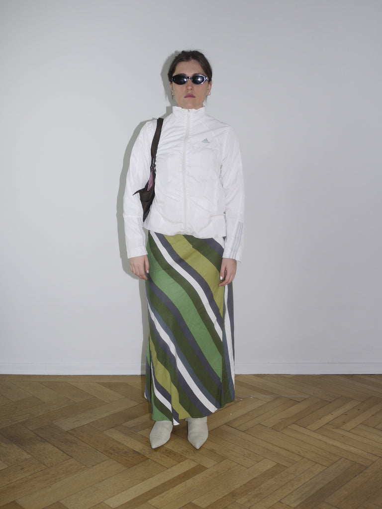 Vintage midi skirt in green, navy, and cream abstract stripes — flowy silhouette with elastic waistband, perfect for spring. Inspired by Paloma Wool and Dries Van Noten aesthetics.