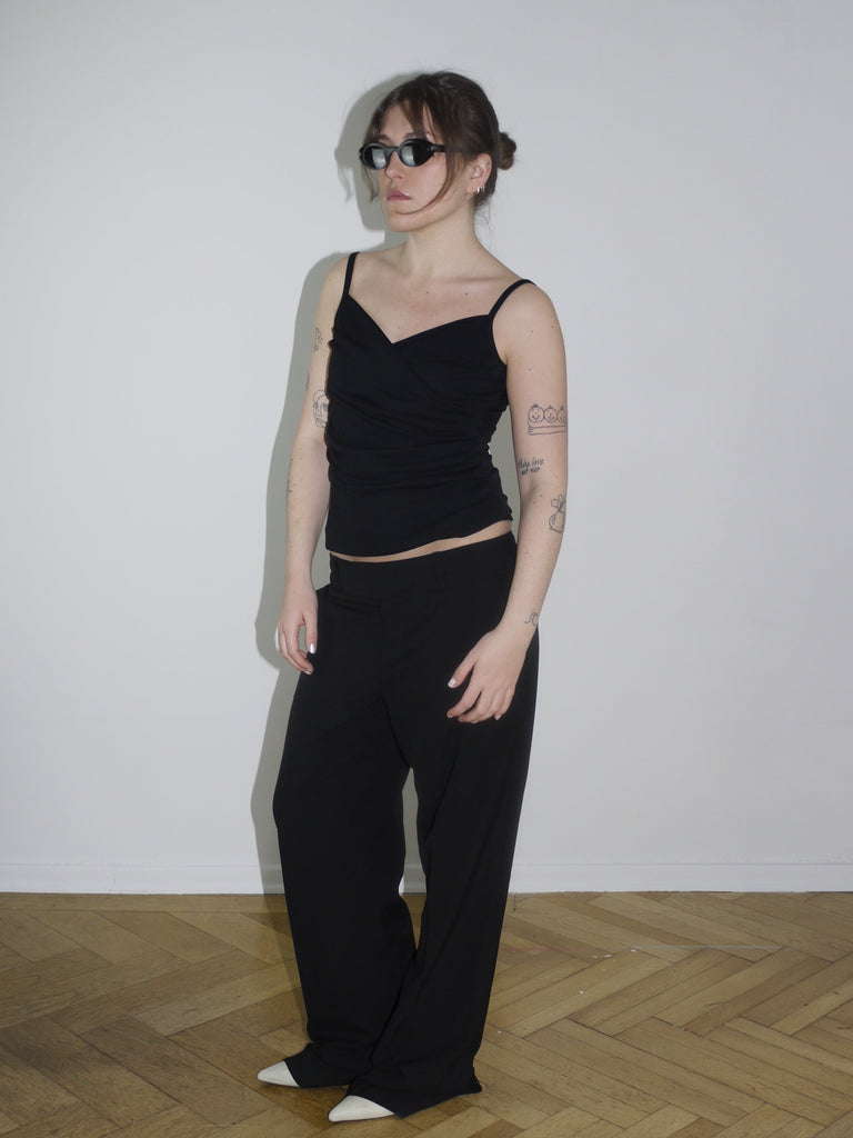 Vintage-inspired black ruched spaghetti strap top, fitted silhouette, size 38 – reminiscent of Y2K runway pieces