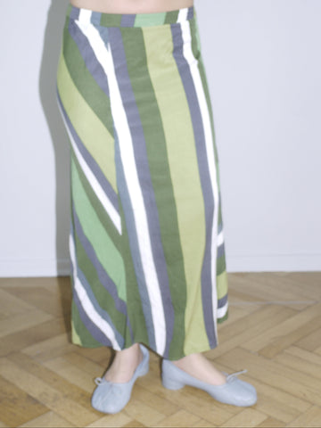 Vintage midi skirt in green, navy, and cream abstract stripes — flowy silhouette with elastic waistband, perfect for spring. Inspired by Paloma Wool and Dries Van Noten aesthetics.